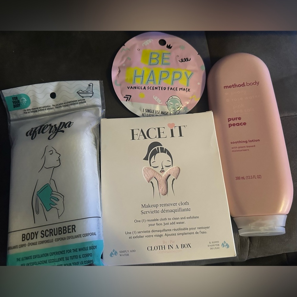 Women’s spa bundle; body wash, face mask, makeup remover cloth & body scrubber